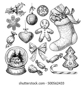 Christmas object set. Hand drawn vector illustration. Xmas icons collection. Holiday engraved decorations. Holly, mistletoe, sock, stocking, gift, gingerbread man cookie, snow globe, candy, fir tree