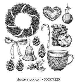 Christmas object set. Hand drawn vector illustration. Xmas icons collection. Holiday engraved decorations. Holly, mistletoe, wreath, fir tree, bow, bell, mug in sweater, cookie pine cone xmas ball