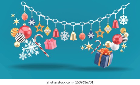Christmas object strung on a string on a blue background.
