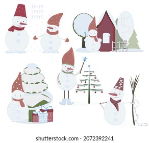 Christmas object vector set with christmans tree,cute cartoon snowmen,holiday box.Isolated on white background.For wapping paper,textile print,banner,greeting card,stikers.New Year card.