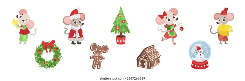 Objetos de Navidad con juego de vectores de bola, correa, ratón, árbol de aves y pan de jengibre