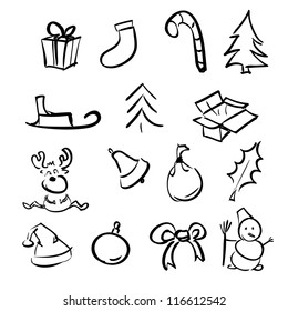 Christmas objects collection in cartoon sketch style. Vector illustration