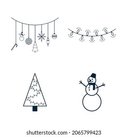 Weihnachtsobjekte-Kollektion. Garlands, Schneemann, Weihnachtsbaum. Winter Traditionelle Elemente Symbole für Logo, Druck, Aufkleber, Emblem, Etikett, Abzeichen, Grußkartendesign und Dekoration
