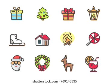Christmas objects collection, icons of Santa and reindeer, present and evergreen tree, candle and fire, candy and cocktail, vector illustration