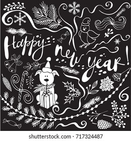 Christmas objects for decoration in the style of lettering with the inscription on a black background