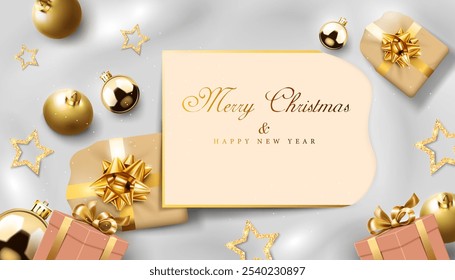 christmas objects decorative merry christmas and happy new year celebration background,greeting card vector illustration on the snow falling floor background.