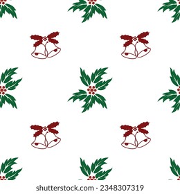 Los objetos navideños de color verde y rojo aislados en fondo blanco se encuentran en un patrón Seamless - ilustración vectorial