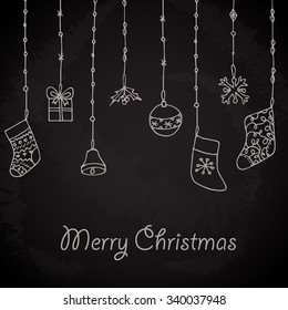 Christmas objects hanging on ribbons. Sketch with socks, ball, gift, bell, snowflake and holly on chalkboard