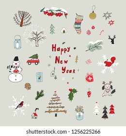 Christmas objects illustrations set with fir-tree, toys, deer, gifts.