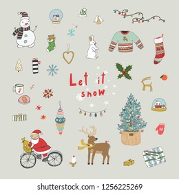 Christmas objects illustrations set with fir-tree, toys, deer, gifts.