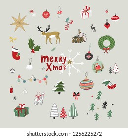 Christmas objects illustrations set with fir-tree, toys, deer, gifts.