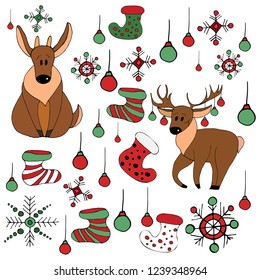 Christmas objects isolated on white background.New year vector set.Baby deers,christmas socks,fawns.