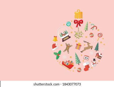 Christmas objects laid out in the shape of a Christmas ball. Vector illustration with copyspace