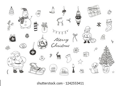 Christmas objects line set with fir-tree, toys, deer, gifts.