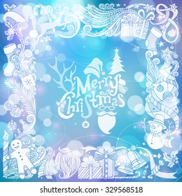 Christmas objects on defocus background. Christmas tree and balls, gifts, snowman, gingerbread man, deer, bells and ribbons, stars, Santa sock, hat and beard, holly berries, hand-written text.