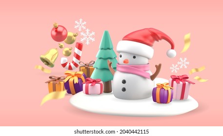 Christmas objects for poster design Snowman surrounded by gift boxes, stars, bells, Christmas balls, ribbons and snow on a pink background.
