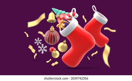 Christmas objects for poster design .Christmas socks with present Surrounded by Christmas balls, ribbons and snow on a purple background.