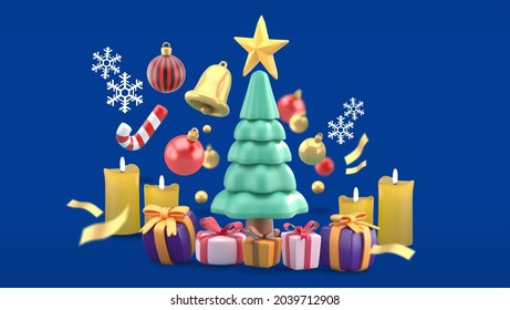 Christmas objects for poster design Christmas tree surrounded by gift boxes, stars, bells, Christmas balls, ribbons and snow on a blue background.

