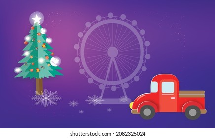 Christmas objects with a red car and beautiful tree on abstract background