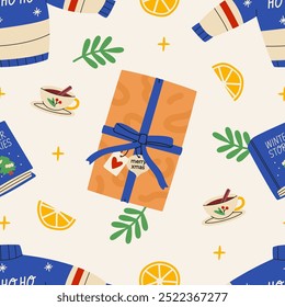 Christmas objects seamless pattern. Gift boxes and winter elements pattern. Holiday background for greeting cards, invitations, posters.