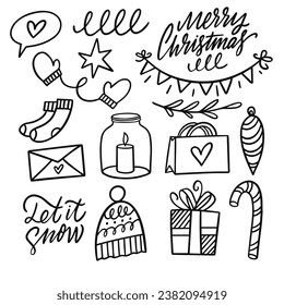 Christmas objects set cartoon doodle style. Black color line art vector illustration. Isolated on white background.