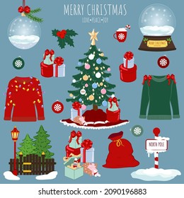 Christmas objects set as chistmas tree, snowglobe, ugly sweater for design