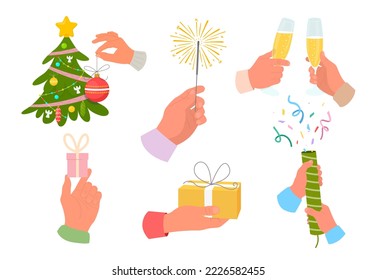 Conjunto de objetos de Navidad. Manos sosteniendo giftbox, chispas, gafas de champán, árbol de navidad y otros juguetes decorativos de vacaciones. Concepto de celebración de Año Nuevo. Ilustración vectorial de las vacaciones.