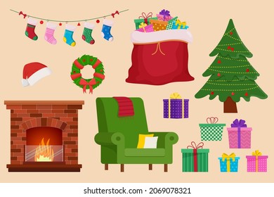 Christmas objects set. Holiday objects collection illustration: fireplace, sofa, santa bag, christmas socks, gift, christmas tree, santa hat.