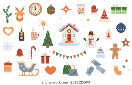 Christmas objects set isolated on white background. Collection of Christmas festive elements for design. Vector illustration for card, invitations and christmas decor. Traditional Xmas attributes. 