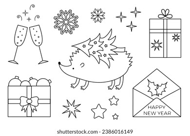 Christmas objects set. Line vector illustration. Drawing of hedgehog carrying Christmas tree on back. Holiday decoration, champagne glasses, gift box and envelope. Happy New Year greeting text design.