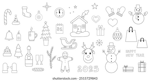 Christmas objects set, outline drawing. Isolated on white background. Collection of Christmas festive elements in hand-drawn style. Vector design element for coloring and christmas decor. 