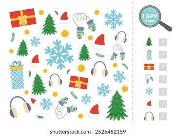 Christmas objects in I spy game for kids. Search and count how many. Math game. Isolated vector illustration eps 10