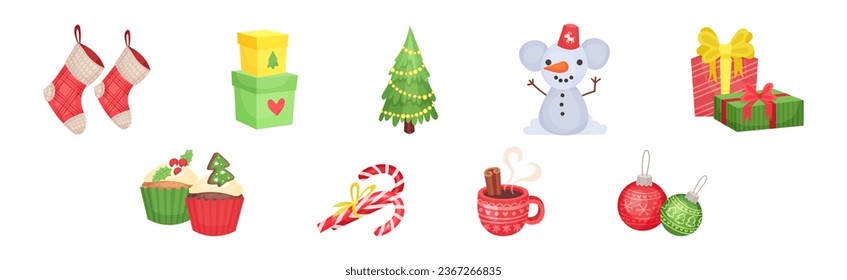 Objetos navideños con estafador, árbol de aves, regalo, muñeco de nieve, caramelos, pastelitos y colección de vectores de baubles