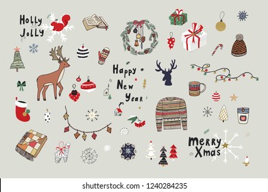 Christmas objects vector set with fir-tree, toys, deer, gifts.