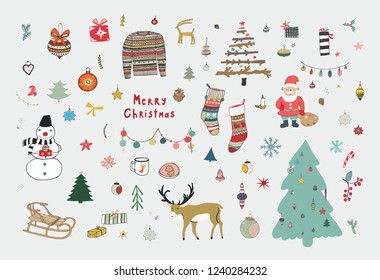 Christmas objects vector set with snowman, fir-tree, toys, deer, gifts.