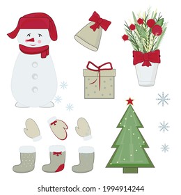Christmas objects vector set with christmas tree,felt boots,mittens,snowman,snowflakes,holiday box.Isolated on white background.For wapping paper,textile print,banner,greeting card.