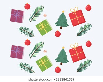 Christmas Objects Vector Set with Trees Gifts and Ornaments. Christmas Decorations Vector Collection with Trees and Gifts. Festive Christmas Elements Vector Set with Gifts and Baubles. Christmas Holiday Objects Vector Illustration Collection