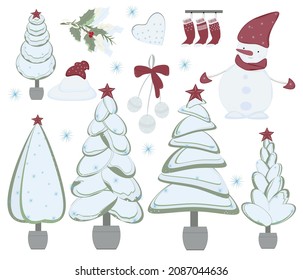 Christmas objects vector set with christmas trees,cute snowman,socks, snowflakes.Isolated on white background.beautiful elements for desing wapping paper,textile print,holiday card,stickers,cover.