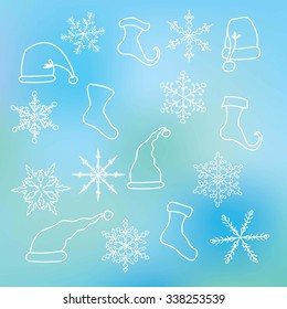Christmas objects. Vector snowflakes on a blurred background.
