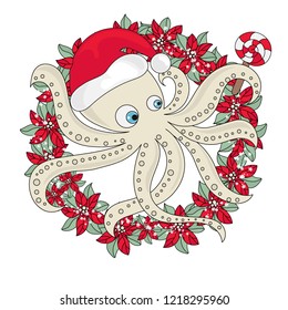 CHRISTMAS OCTOPUS ICON Color Vector Illustration