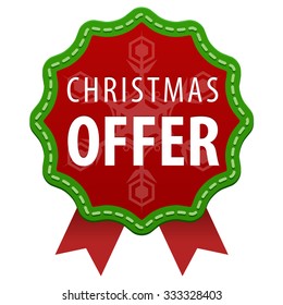 Christmas Offer red label with a green seam and red ribbons icon isolated on white background. Snowflake symbol. Vector illustration