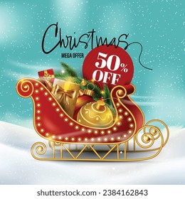 christmas offer - Santa sleigh with gifts, ornaments, bauble vector illustration