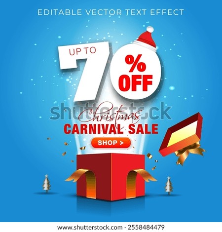 Christmas offers- 70% off, Christmas carnival sale, winter deal discount logo unit pop up from red gift box on blue background. Sales promotion e-commerce, advertising design.