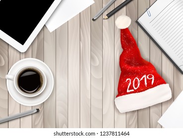 Christmas Office Background with Santa Hat, Tablet and Office Supplies. Business Concept. Vector.