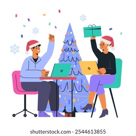 Christmas office celebration with colleagues exchanging gifts festive atmosphere with laptops Christmas tree confetti snowflakes holiday theme