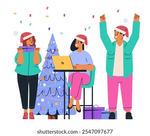 Christmas office celebration with coworkers enjoying festive atmosphere around decorated tree and gifts wearing Santa hats colorful confetti falling