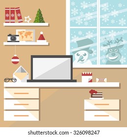 christmas office interior with snowman and reindeer peeking through the window