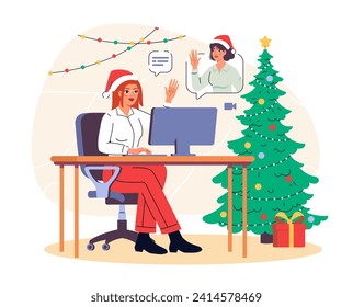 Christmas office scene. Woman sitting with compter in santa claus hat near Christmas tree. Winter holidays and New Year, Noel Eve. Workers with good mood. Cartoon flat vector illustration