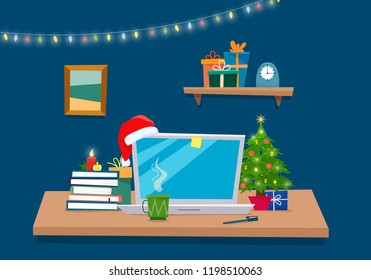 Christmas Office Table With Decorated. Computer, Tree, Cup, Books And Gifts. Flat Cartoon Style Vector Illustration.