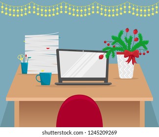 Christmas office workplace with fir-tree branches. Table with laptop, stack of papers, Desk lamp. Flat vector illustration.